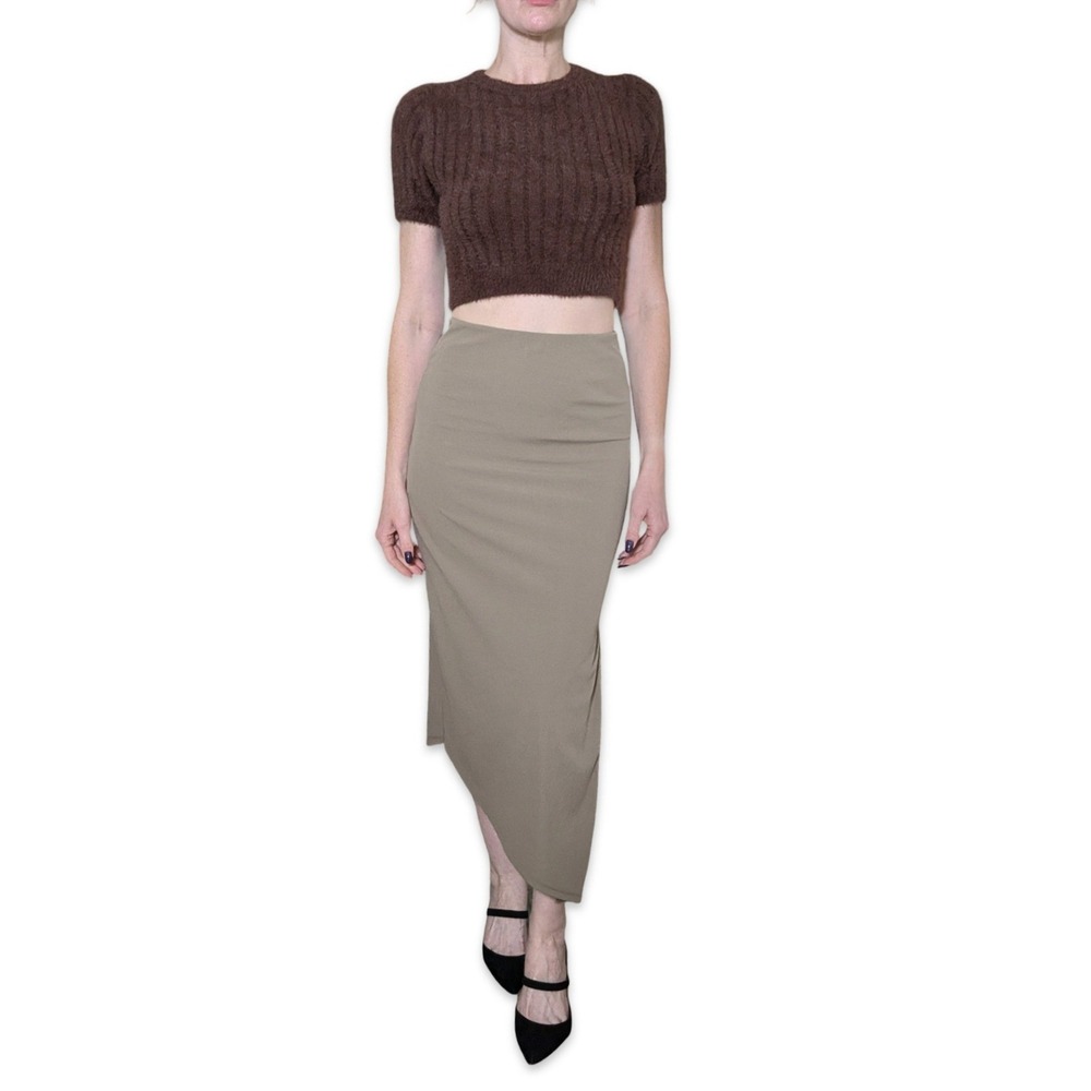 AFRM Taupe Ribbed Asymmetrical Midi Skirt High Waist Side Slit Y2K Style Size S